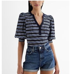 Express Striped Puff Sleeve Henley Tee